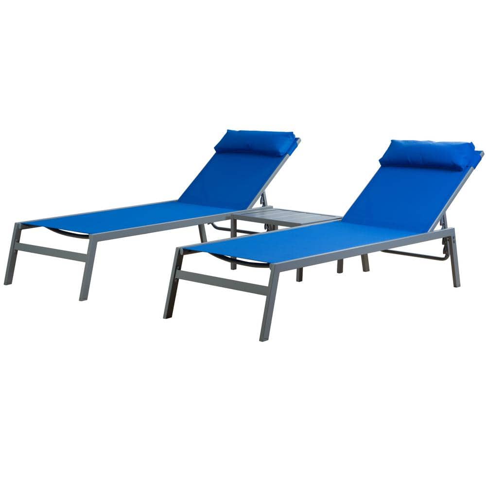 Blue Adjustable Wrought Iron Outdoor Chaise Lounge Set with Table