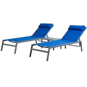 Wilson Grey EDP Coated Wrought Iron Breathable Blue Textilence Seat Outdoor Chaise Lounge with Table (2-Pack)