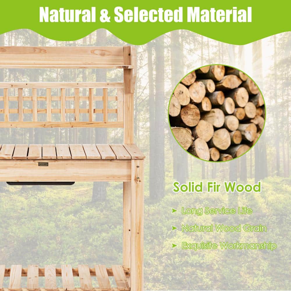 Natural Fir Wood Garden Potting Bench with Sliding Tabletop and Sink