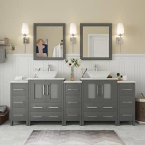 Ravenna 84 in. W Bathroom Vanity in Grey with Double Basin in White Engineered Marble Top and Mirror
