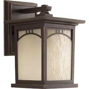 Residence Collection 1-Light Antique Bronze Umber Textured Art Glass Craftsman Outdoor Small Wall Lantern Light