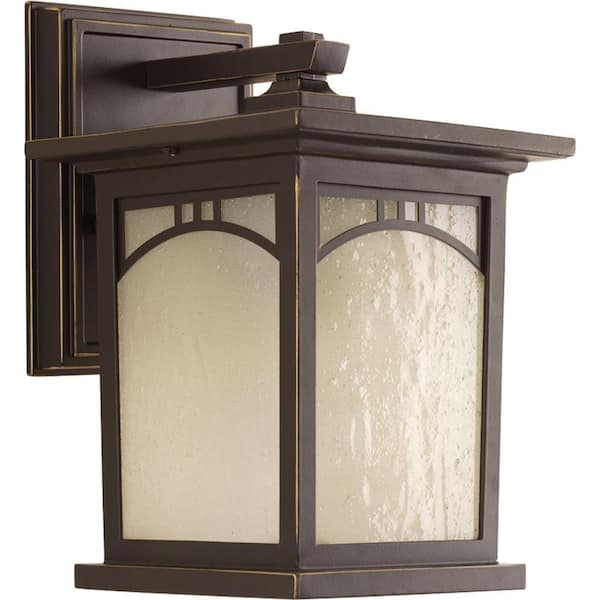 Progress Lighting Residence Collection 1-Light Antique Bronze Umber Textured Art Glass Craftsman Outdoor Small Wall Lantern Light