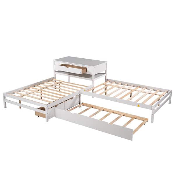 STICKON 134.9 in. W White Full Size Wood Frame L-Shaped Platform Bed with Rectangle Table Twin Size Trundle and Drawers