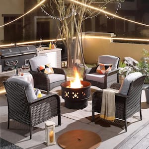 Venice Gray 5-Piece Wicker Outdoor Patio Conversation Chair Set with a Wood-Burning Fire Pit and Light Gray Cushions