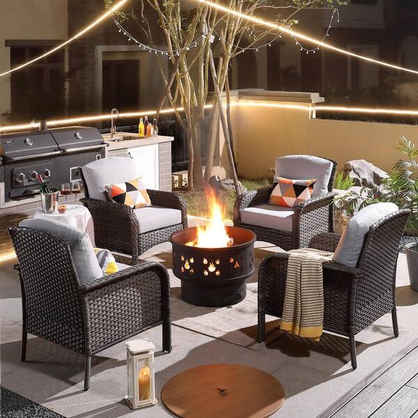 HOOOWOOO Venice Gray 5-Piece Wicker Outdoor Patio Conversation Chair Set with a Wood-Burning Fire Pit and Light Gray Cushions