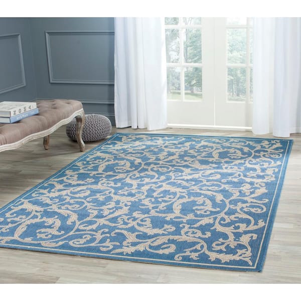Courtyard Blue/Natural 5 ft. x 8 ft. Border Indoor/Outdoor Patio  Area Rug