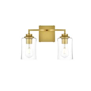 Simply Living 14 in. 2-Light Modern Brass Vanity Light with Clear Bell Shade