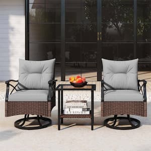 3-Piece Metal Outdoor Bistro Swivel Rocker Set with 2-Tier Coffee Table and Cozy Seat Back Grey Cushions