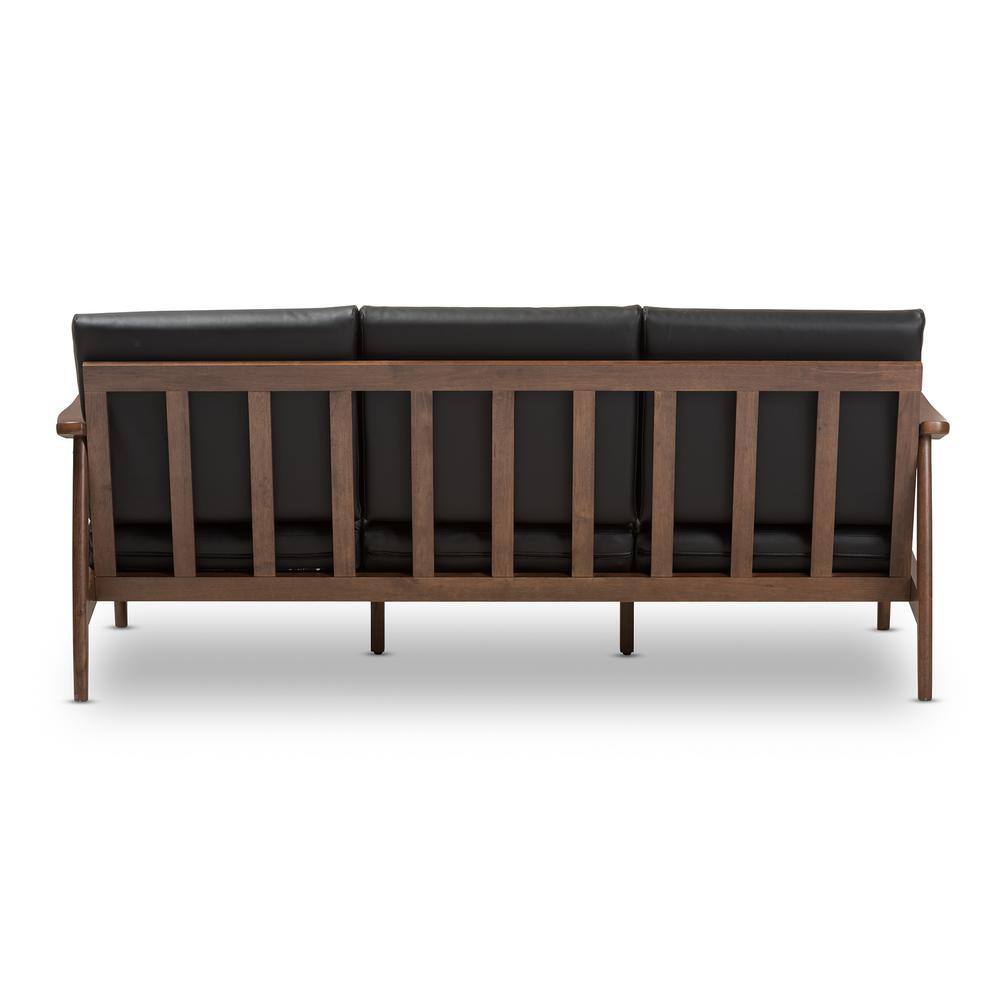 Venza Mid-Century Modern Black Faux Leather Walnut Wood 3-Seater Sofa