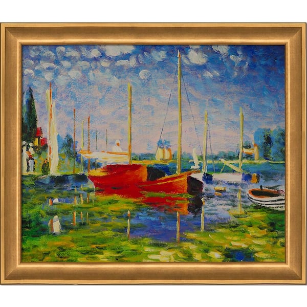 LA PASTICHE Red Boats at Argenteuil by Claude Monet Muted Gold Glow Framed Nature Oil Painting Art Print 24 in. x 28 in.