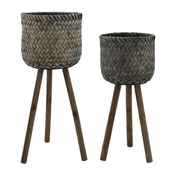 Black+Brown S/2 PLANTERS ON STANDS For Flower And Vegetable Plant-12 x 12 x 23 in. Main Material:Bamboo+Wicker