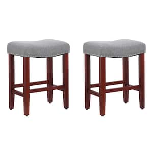 Jameson 24 in. Counter Height Cherry Wood Backless Barstool with Upholstered Gray Linen Saddle Seat (Set of 2)