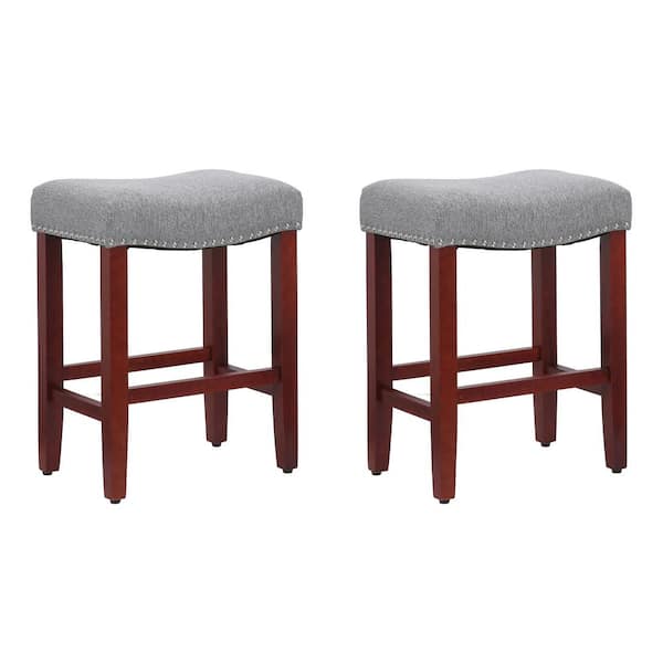 WESTINFURNITURE Jameson 24 in. Counter Height Cherry Wood Backless Barstool with Upholstered Gray Linen Saddle Seat (Set of 2)