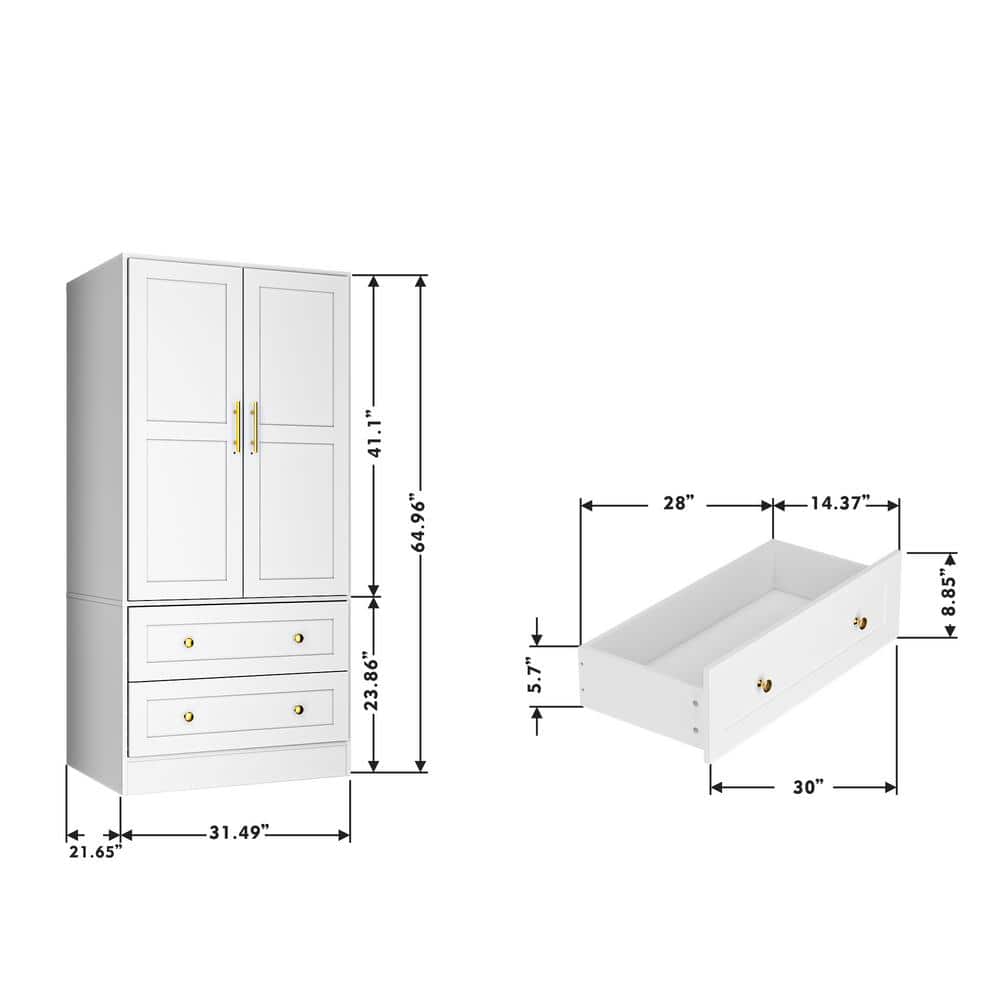 White Shaker Style Two-Door Armoire with Gold Handles