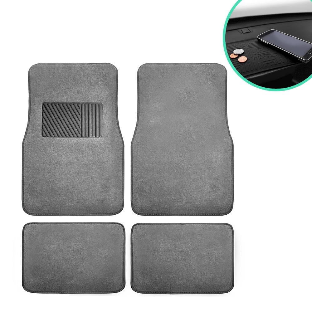 FH Group Gray 4-Piece Universal Premium Soft Carpet Floor Mats with Striped Heel Pad Floor Liners - Full Set
