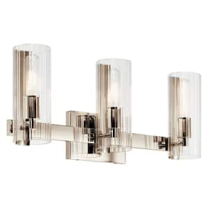 Jemsa 22.75 in. 3-Light Polished Nickel Soft Modern Bathroom Vanity Light with Clear Fluted Glass