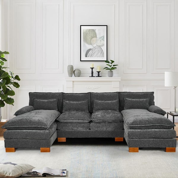 WONDER COMFORT Luxurious 112.6'' Pillows Armrests 3-Piece U-Shaped Chenille Modular Sectional Sofa Couch with Chaises in. Gray