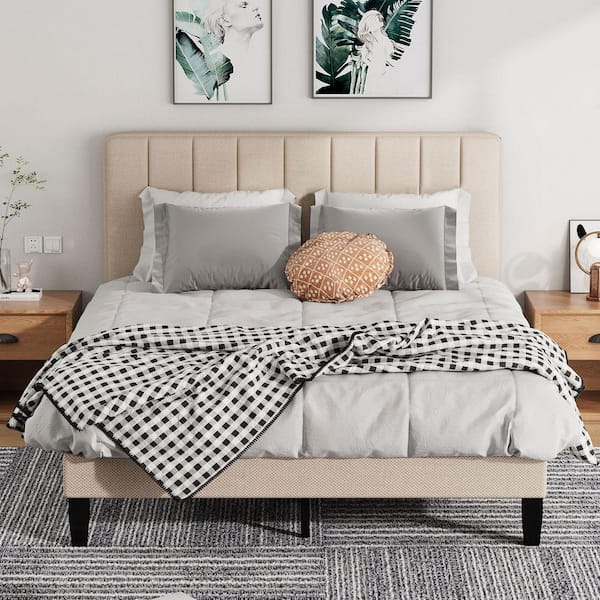 STICKON Beige Queen Size Platform Bed with Headboard