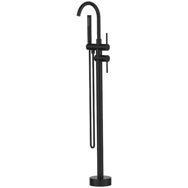 Unbranded Double-Handles Floor Mount High Flow Bathtub Faucet Freestanding Tub Filler with Handheld Shower in Matte Black