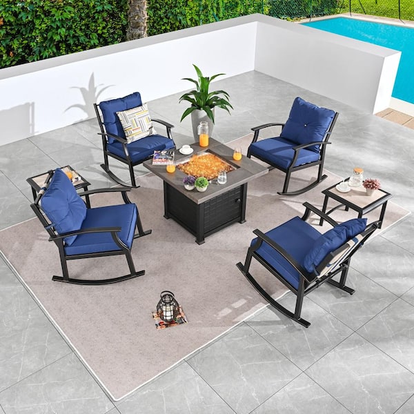 Patio Festival 7-Piece Metal Patio Conversation Set with Blue Cushions