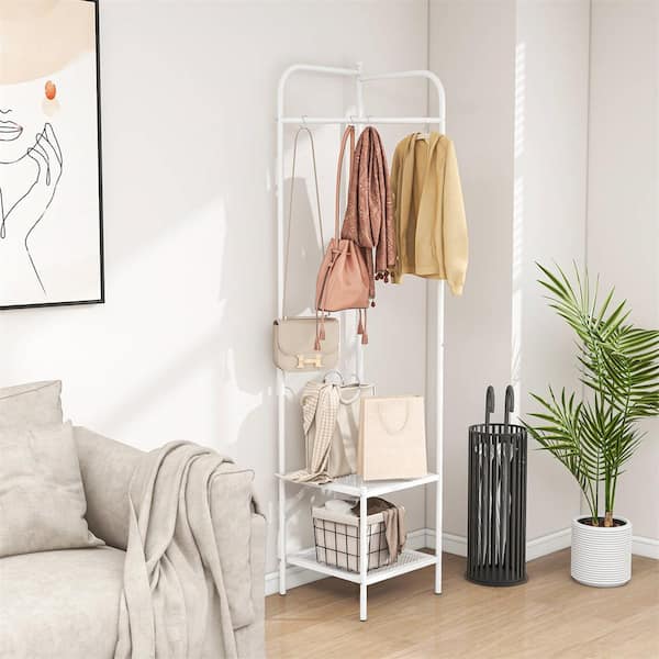 Costway White Corner Coat Rack with Shelves Freestanding Hall Tree and Top Hanger