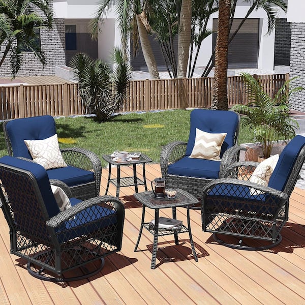 PATIO WATCHER 6-Piece Gray Metal Wicker 360° Patio Conversation Outdoor Rocking Chair Set with Navyblue Cushions