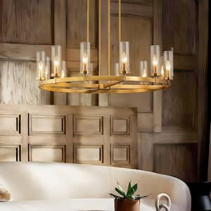 Damitri 12-Light Brushed Gold Industrial Vintage Wheel-Shape Chandelier with Cylindrical Candlestick Clear Glass Shade