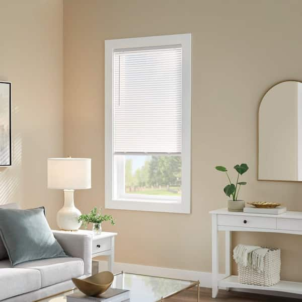 Unbranded Pre-Cut 31 in. W x 64 in. L Cordless Light Filtering White Vinyl Mini Blind with 1 in. Slats