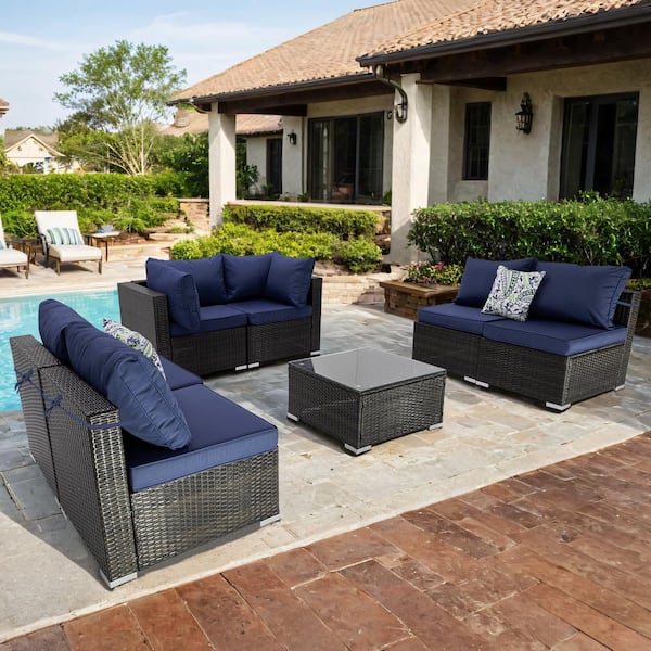 Unbranded Brown 7-Pieces Vertical backrest Wicker Outdoor Fabric Sofa Sectional Set with Dark Blue Cushions