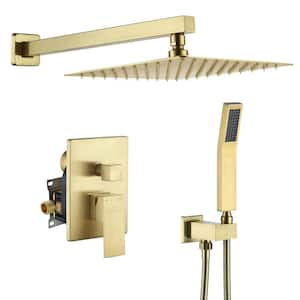 1-Spray Patterns with 2.5 GPM 10 in. Square Wall Mount Dual Shower Heads with Pressure Balance Valve in Brushed Gold