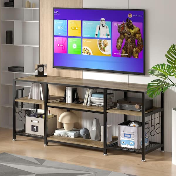 VECELO Industrial Entertainment Center for TVs up to 65 in. Large TV Console and TV Cabinet With 6-Hooks, Gray