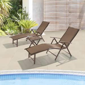 3-Piece Adjustable Aluminum Outdoor Chaise Lounge in Brown with Side Table