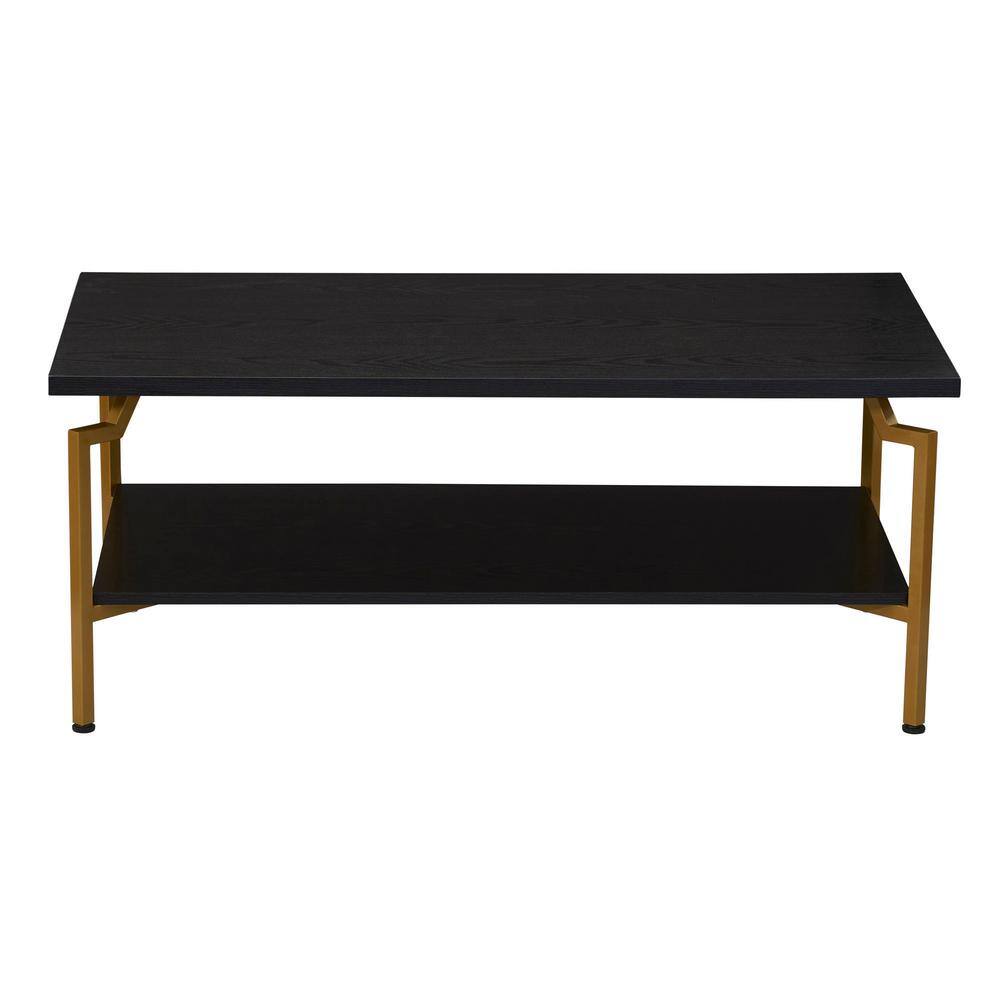 Black Oak and Gold Rectangular Coffee Table with Storage Shelf