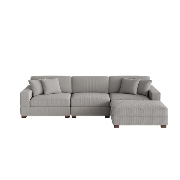 118 in. W Modern Square Arm 4-Piece Corduroy Fabric L-Shaped Sectional Sofa in Light Gray