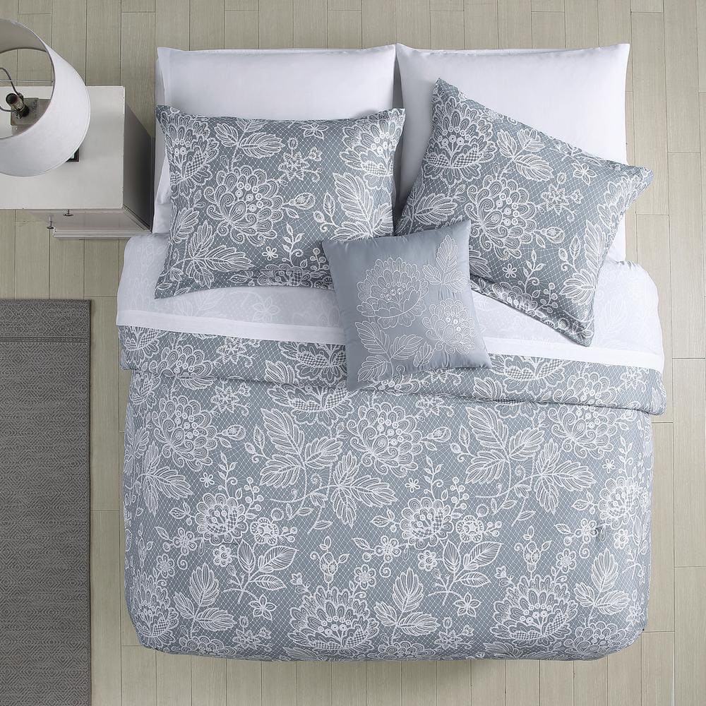 Gray Floral Twin Microfiber Reversible Bed in a Bag Set