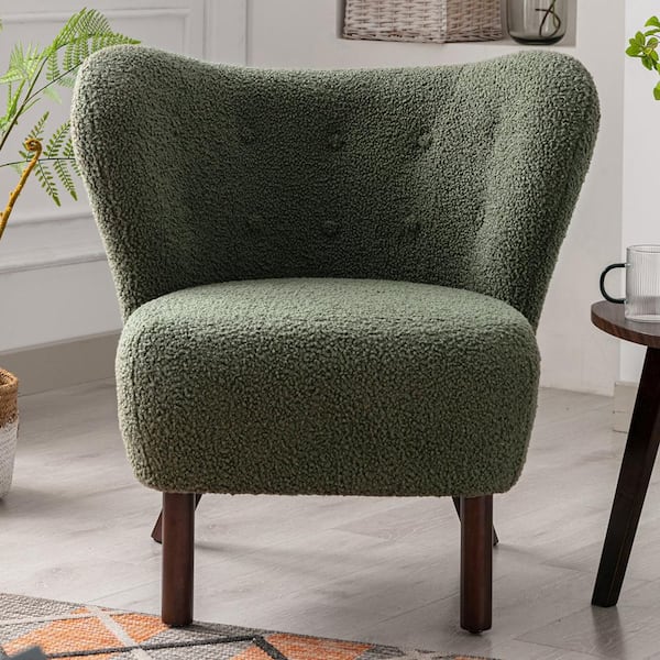 Seaweed Green Accent Chair with Wingback, Lambskin Sherpa Tufted Side Chair with Solid Wood Legs for Bedroom Living Room