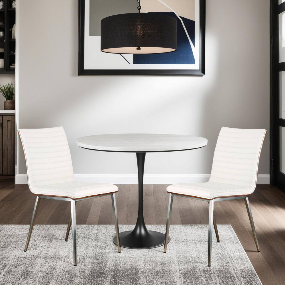 White Faux Leather and Stainless Steel Dining Chair Set
