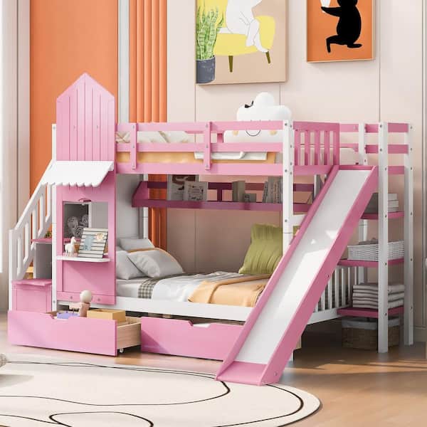 Harper & Bright Designs Pink Twin over Twin Castle Style Wood Bunk Bed with Storage Staircases, 2 Drawers, Shelves, and Slide