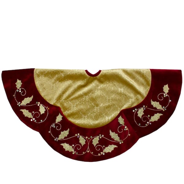Northlight 48 in. Gold and Burgundy Velvet Christmas Tree Skirt