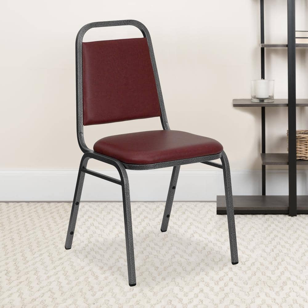 Burgundy Vinyl and Silver Metal Stacking Banquet Chair