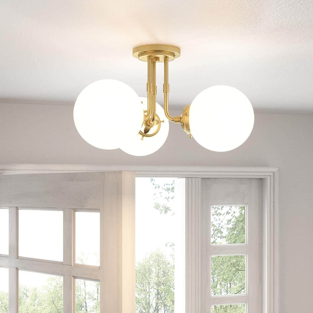 Elegant Sphere-and-Stem 20'' Glass Globe Ceiling Light in Satin Brass