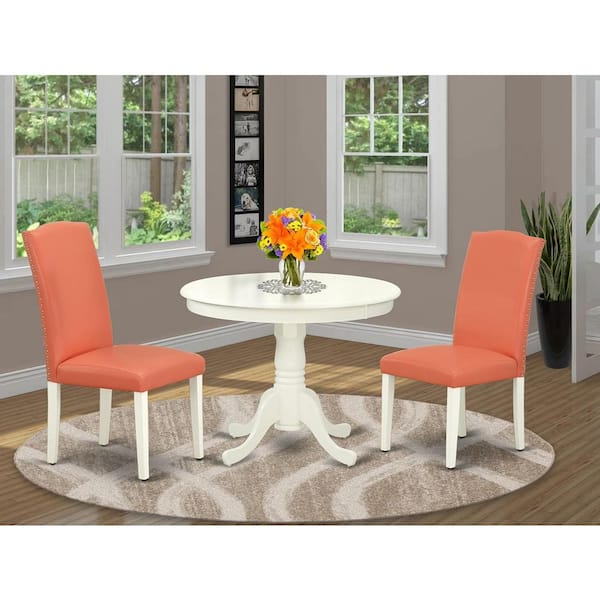 3-Piece Round Linen White Finish Solid Wood Top Dining Table with 2 Parson Chairs with Lattice Back