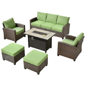 Palermo Brown 6-Piece Wicker Outdoor Modular Patio Furniture Sofa Set with Metal Fire Pit and Green Cushions