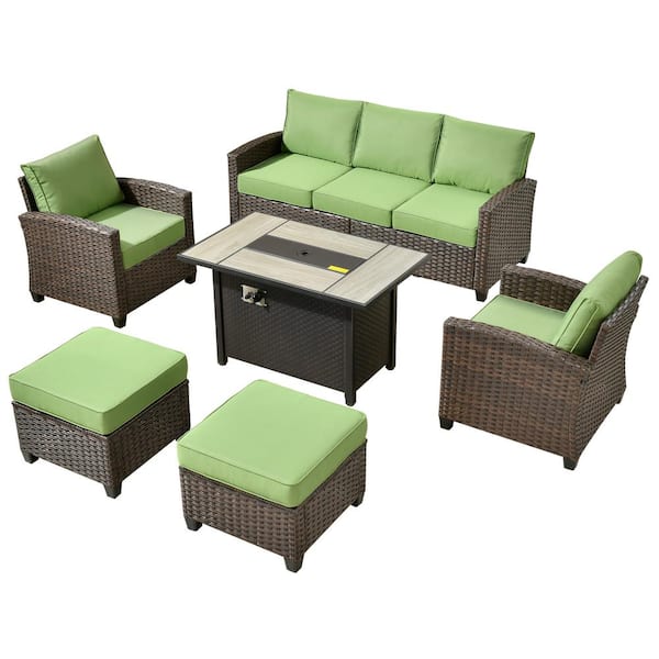 Palermo Brown 6-Piece Wicker Outdoor Modular Patio Furniture Sofa Set with Metal Fire Pit and Green Cushions