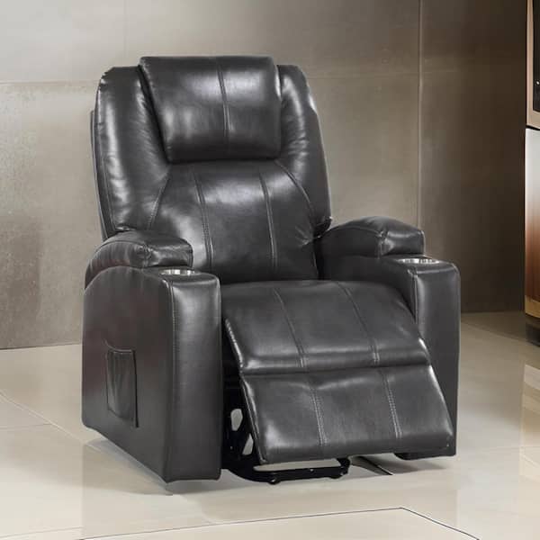 Benjara Gray Faux Leather Power Lift Recliner with Cupholders