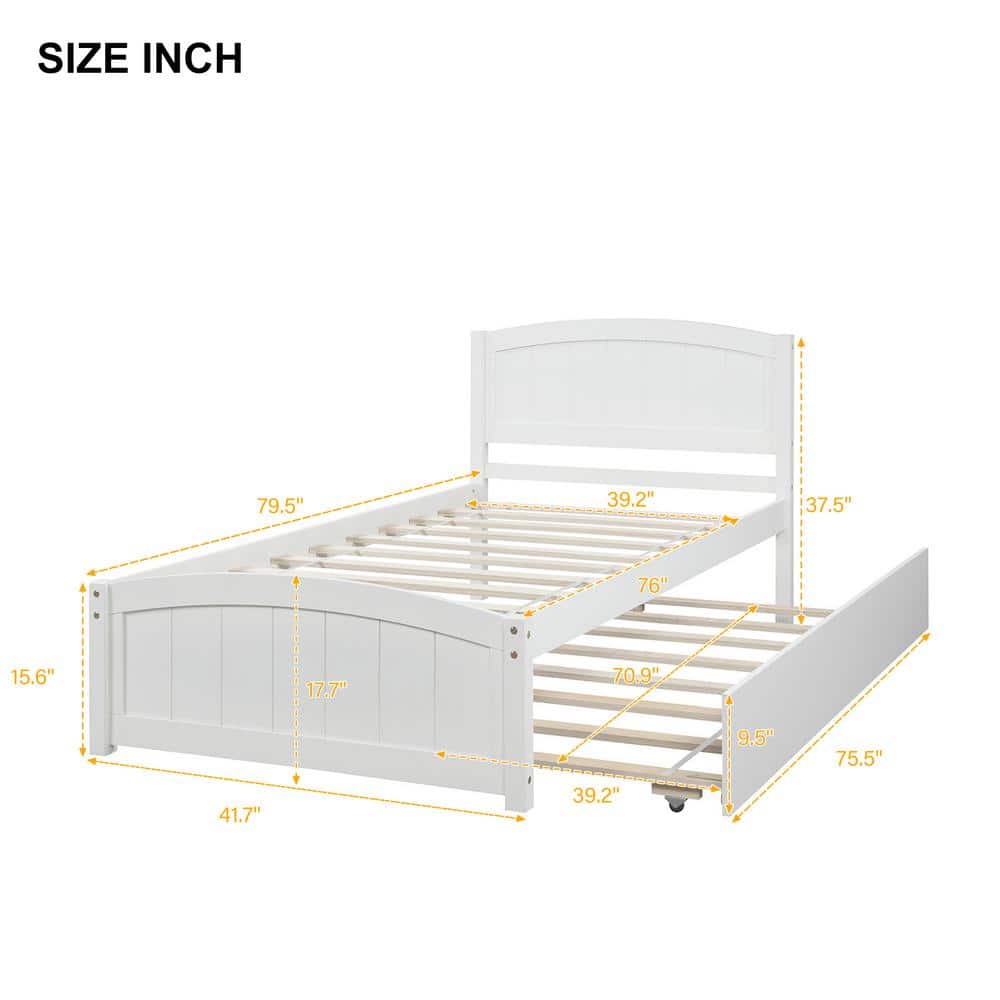 Classic 41.7 in. W White Wood Frame Twin Size Platform Bed with Trundle - thumbnail 2