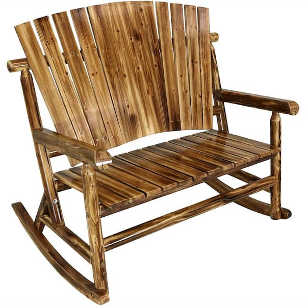 Rustic Fir Wood Log Cabin Outdoor Rocking Chair Loveseat with Fan Back Design, 2-Person 500 lbs. Capacity