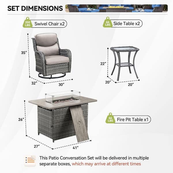 Luxury Gray Wicker Fire Pit Conversation Set with Olefin Beige Cushions and Patio Swivel Chairs/Side Tables (7-Piece)