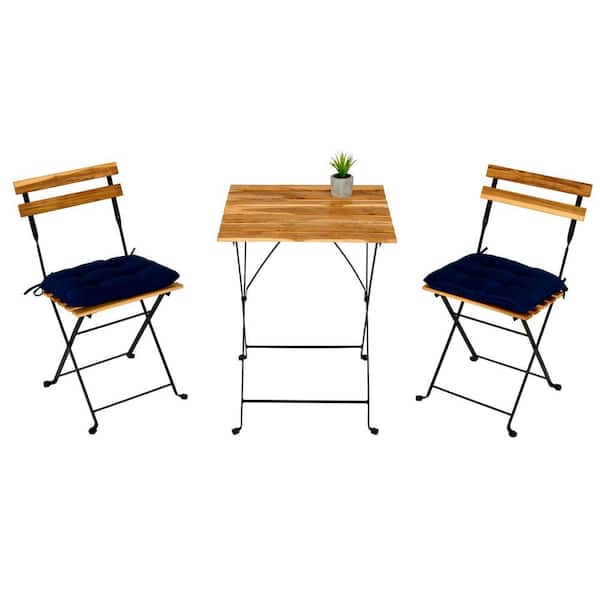 HOMEFUN 3-Piece Solid Teak Wood Rectangle Power Coating Frame Folding Outdoor Dining Set with Navy Blue Cushions