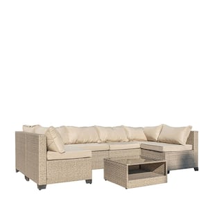 Outdoor Patio All Weather Wicker Parlor Conversation 7-Piece Set with Khaki Cushions and 1 Glass Coffee Table